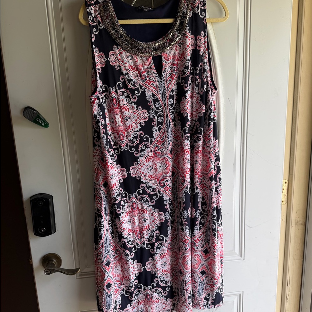 Roz & Ali Black Mini Dress with Pink Paisley and Beaded Neckline